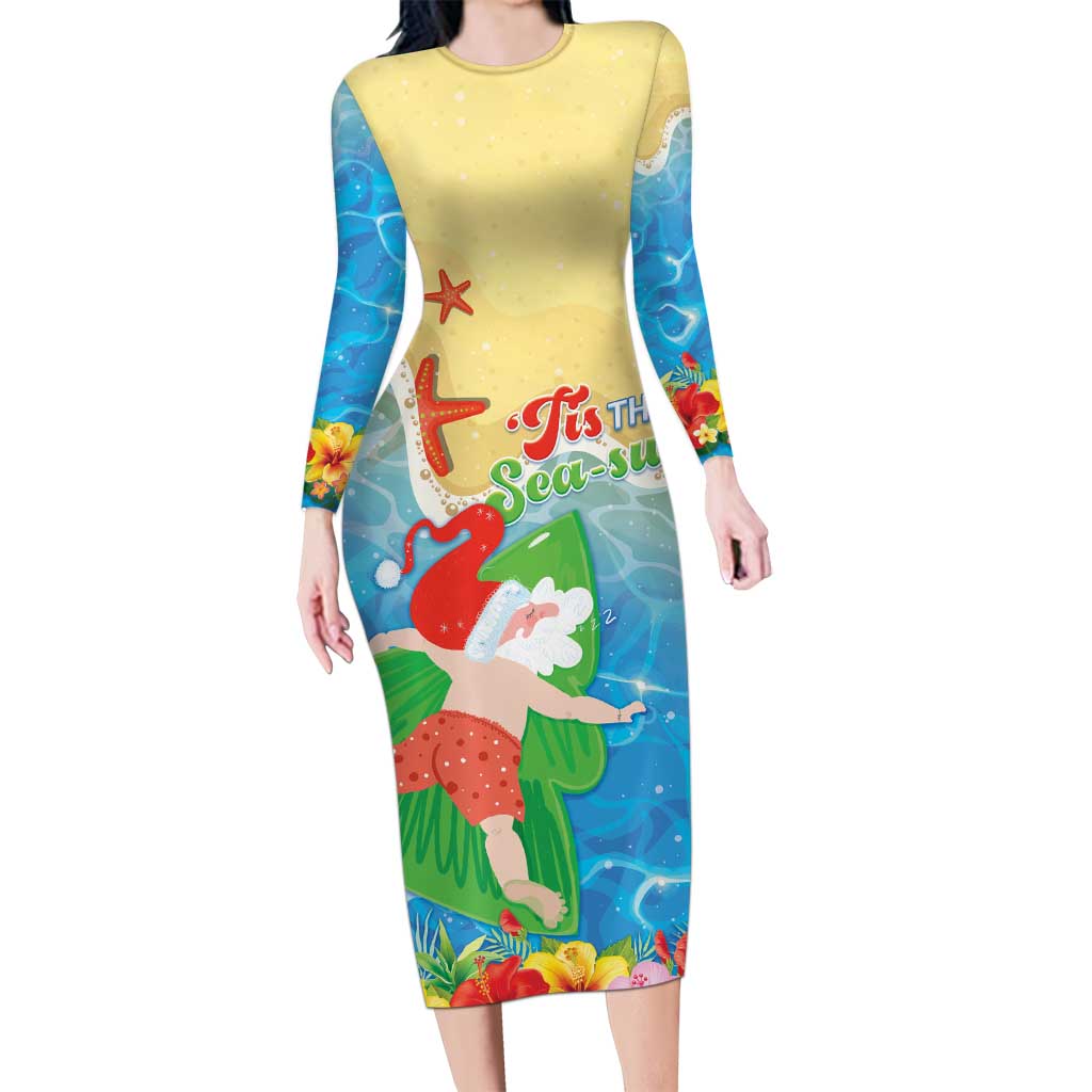 Christmas In Hawaii Long Sleeve Bodycon Dress Tis The Sea Sun LT05 Long Dress Blue - Polynesian Pride