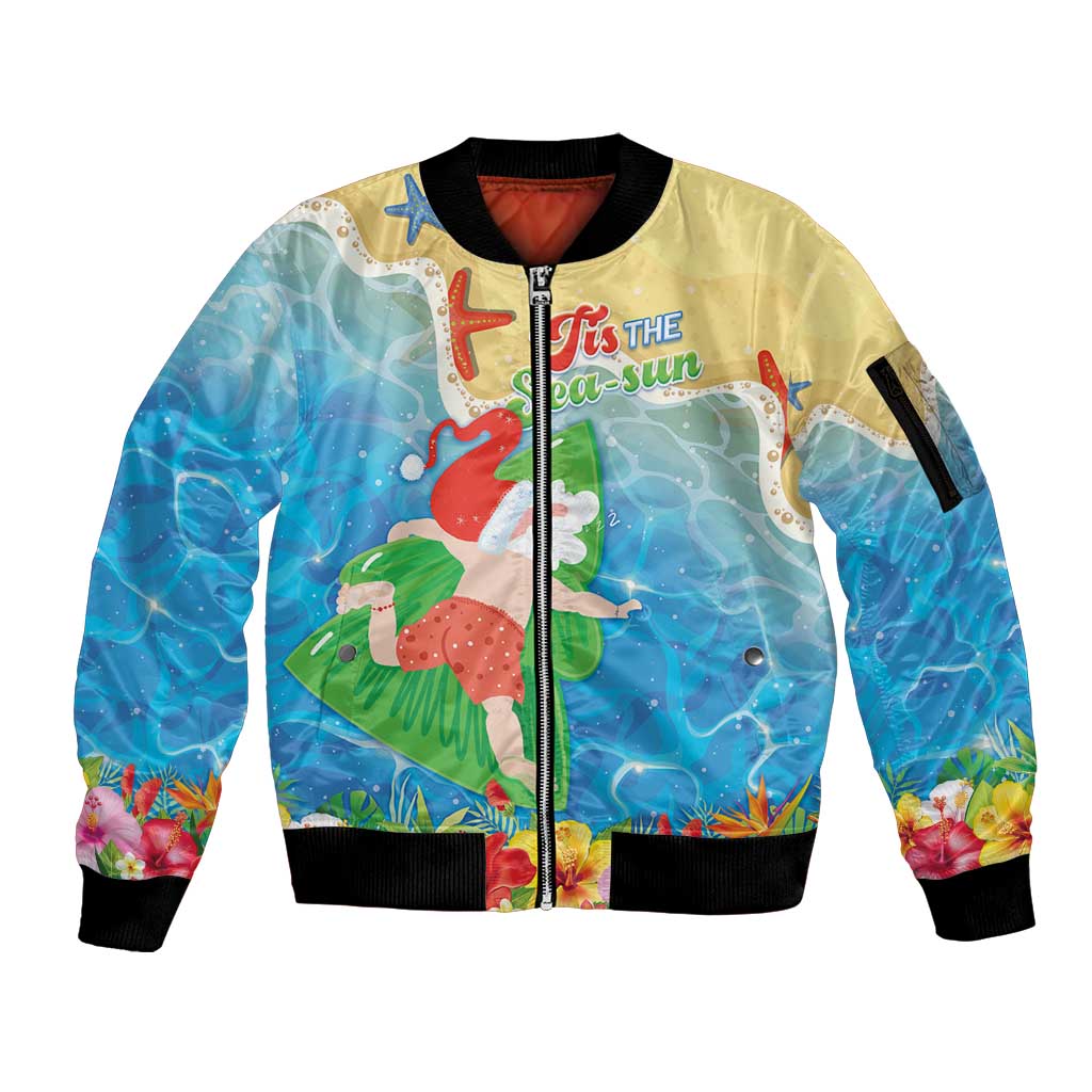 Christmas In Hawaii Sleeve Zip Bomber Jacket Tis The Sea Sun LT05 Unisex Blue - Polynesian Pride