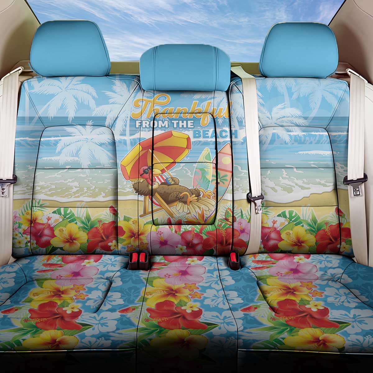 Hawaii Funny Thanksgiving Back Car Seat Cover Thankful From The Beach LT05 One Size Blue - Polynesian Pride