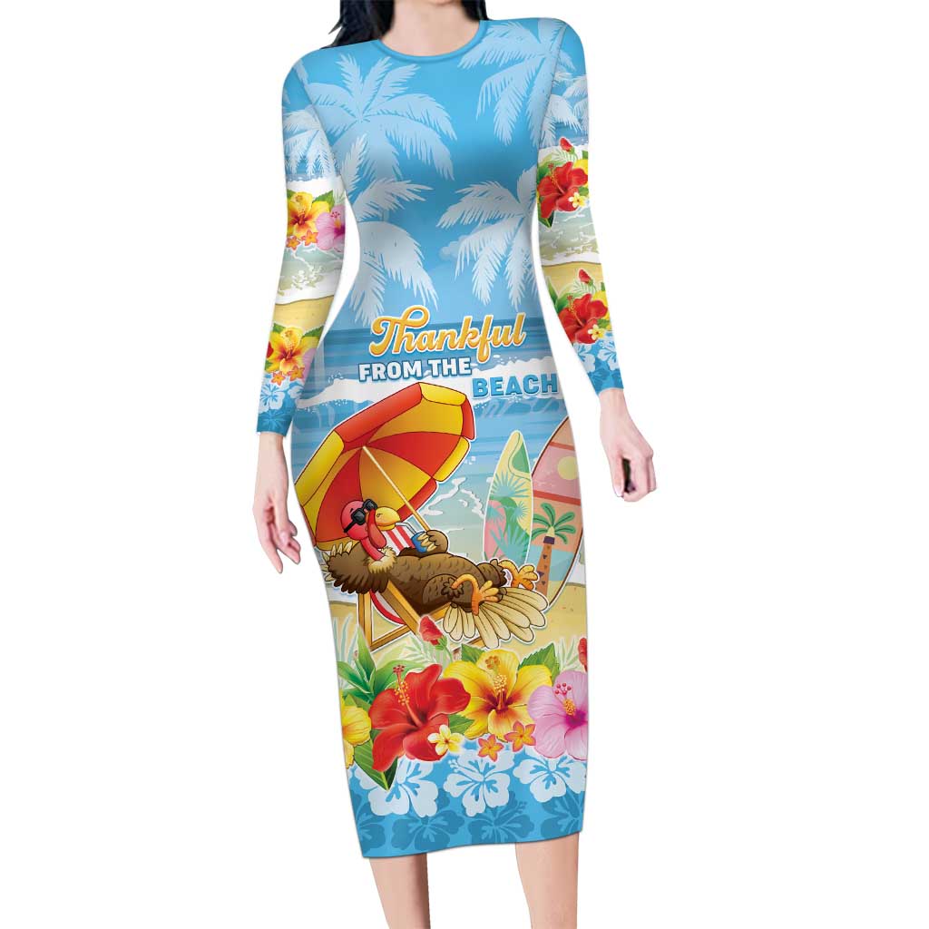 Personalised Hawaii Funny Thanksgiving Long Sleeve Bodycon Dress Thankful From The Beach LT05 Long Dress Blue - Polynesian Pride