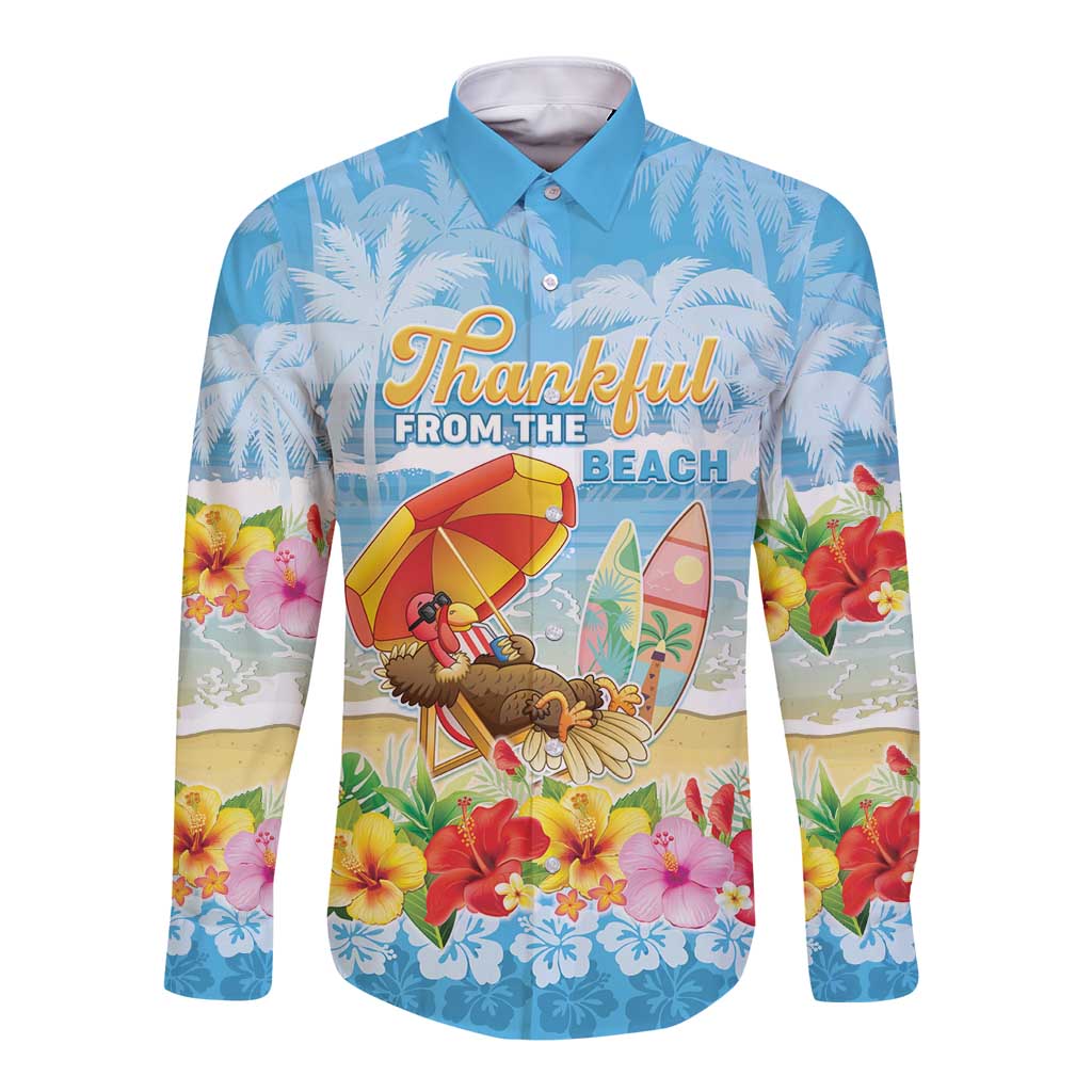 Personalised Hawaii Funny Thanksgiving Long Sleeve Button Shirt Thankful From The Beach LT05 Unisex Blue - Polynesian Pride