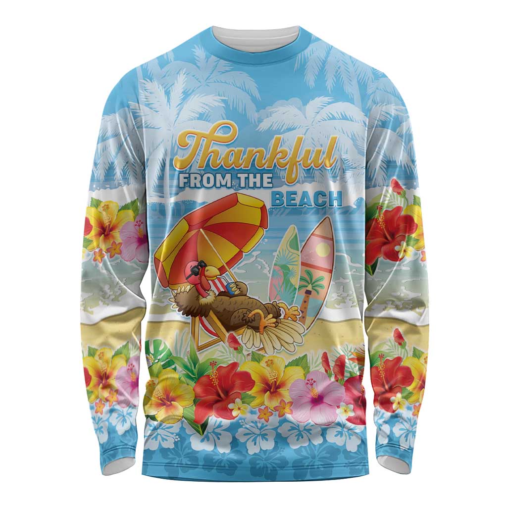 Personalised Hawaii Funny Thanksgiving Long Sleeve Shirt Thankful From The Beach LT05 Unisex Blue - Polynesian Pride