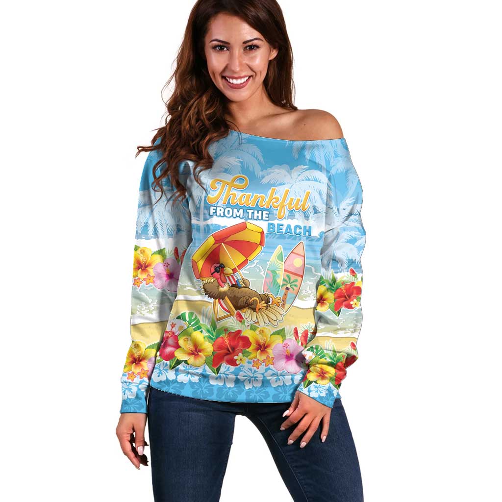 Personalised Hawaii Funny Thanksgiving Off Shoulder Sweater Thankful From The Beach LT05 Women Blue - Polynesian Pride