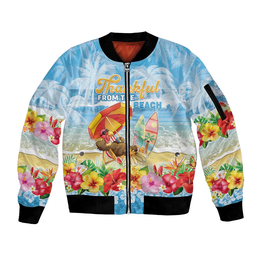 Personalised Hawaii Funny Thanksgiving Sleeve Zip Bomber Jacket Thankful From The Beach LT05 Unisex Blue - Polynesian Pride