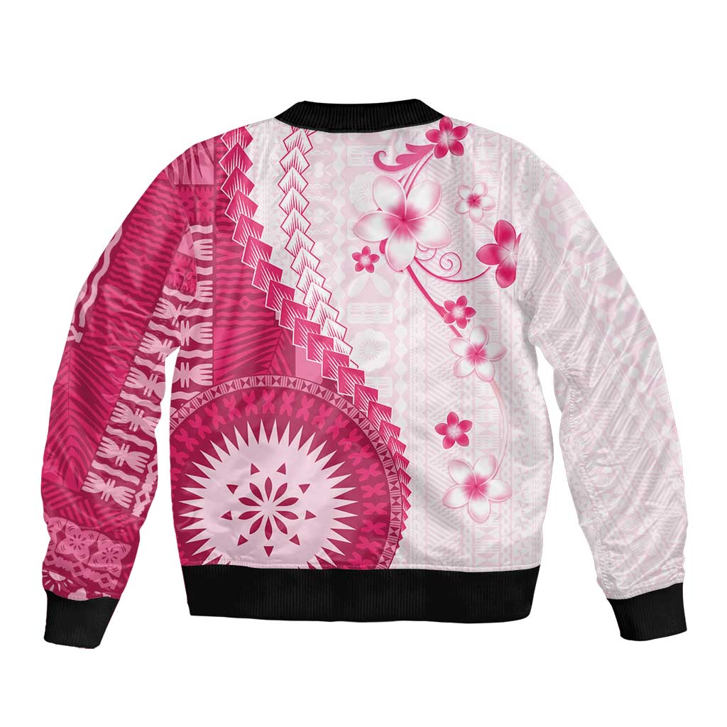 Bula Fiji Bomber Jacket Pink Plumeria Masi Tapa Pattern LT05 - Polynesian Pride