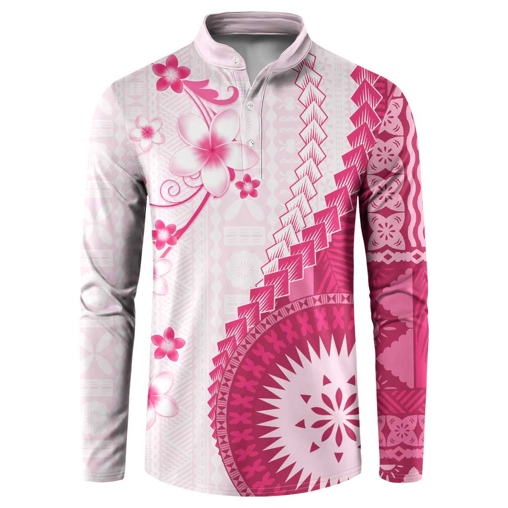 Bula Fiji Button Sweatshirt Pink Plumeria Masi Tapa Pattern LT05 Pink - Polynesian Pride