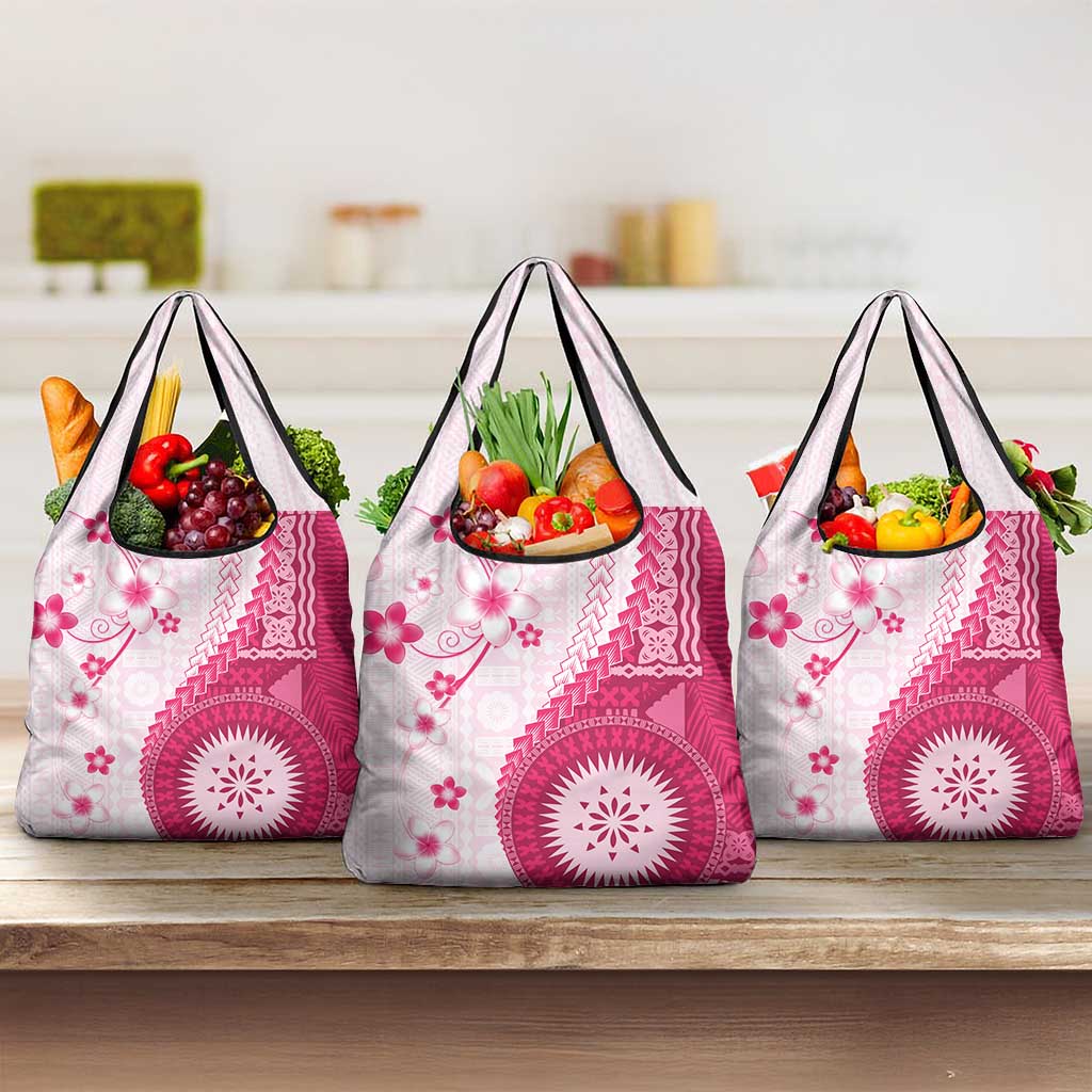 Bula Fiji Grocery Bag Pink Plumeria Masi Tapa Pattern LT05 3-pack One Size Pink - Polynesian Pride