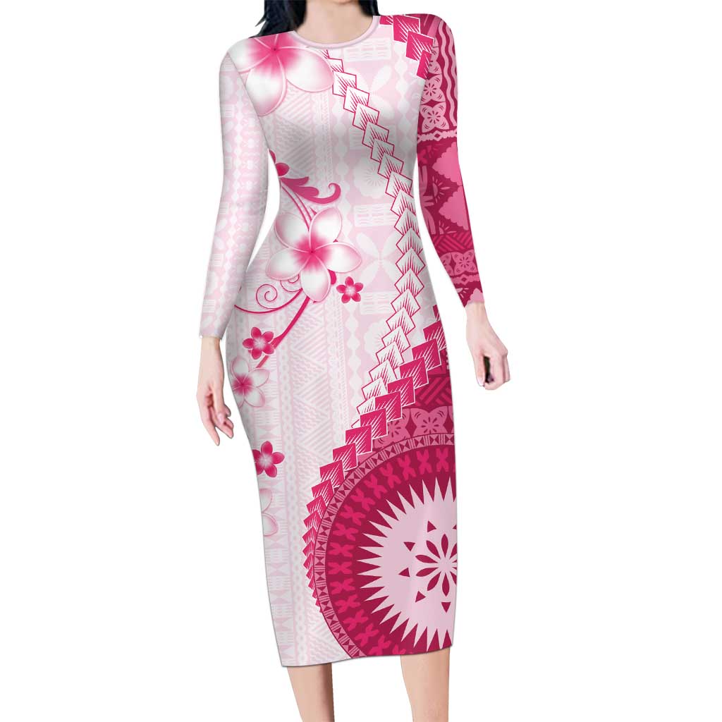 Bula Fiji Long Sleeve Bodycon Dress Pink Plumeria Masi Tapa Pattern LT05 Long Dress Pink - Polynesian Pride