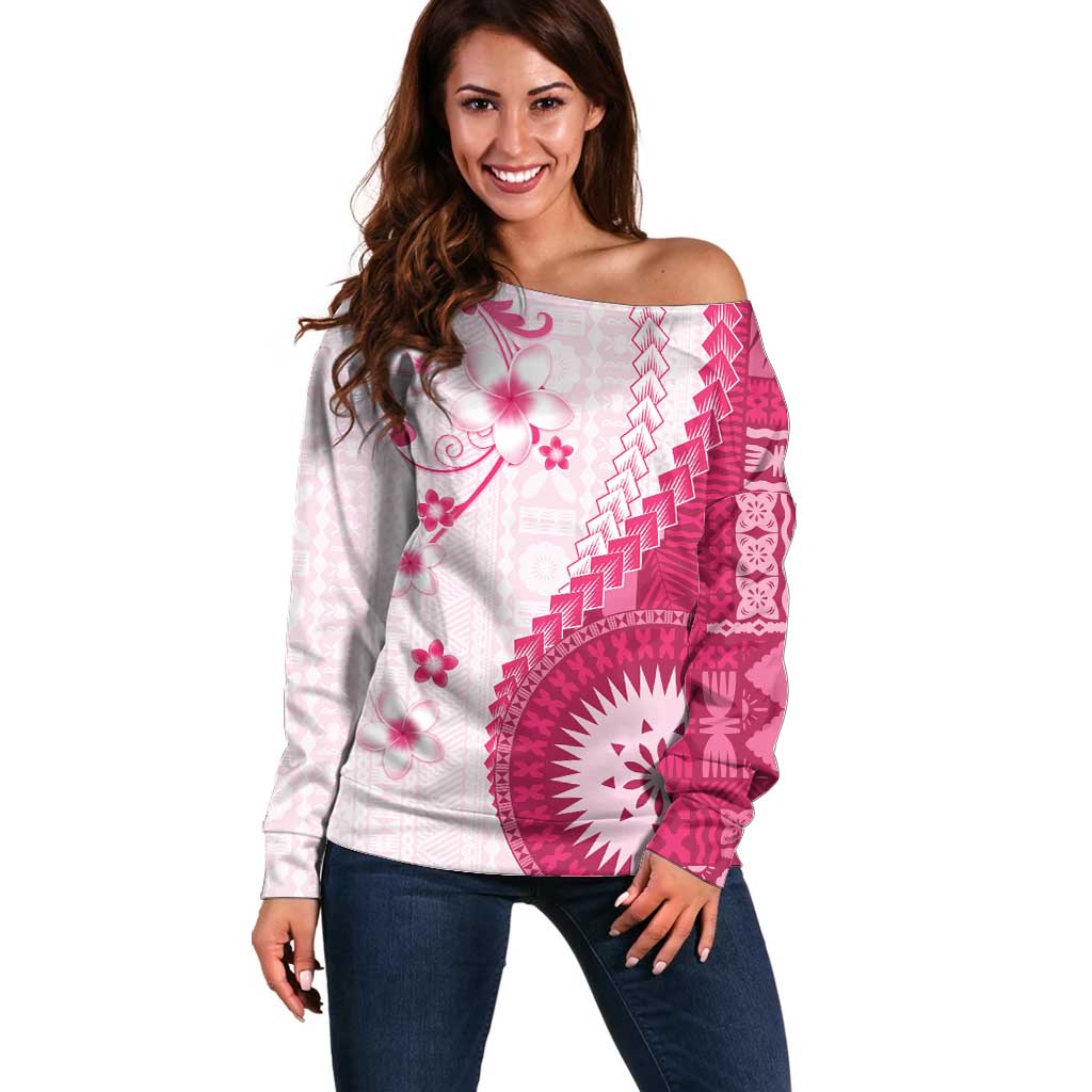 Bula Fiji Off Shoulder Sweater Pink Plumeria Masi Tapa Pattern LT05 Women Pink - Polynesian Pride