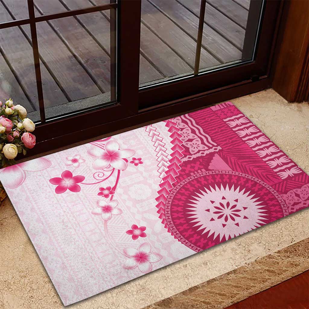 Bula Fiji Rubber Doormat Pink Plumeria Masi Tapa Pattern LT05 - Polynesian Pride