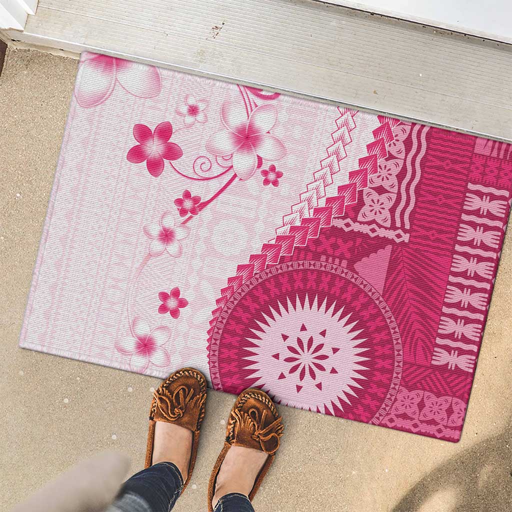 Bula Fiji Rubber Doormat Pink Plumeria Masi Tapa Pattern LT05 - Polynesian Pride