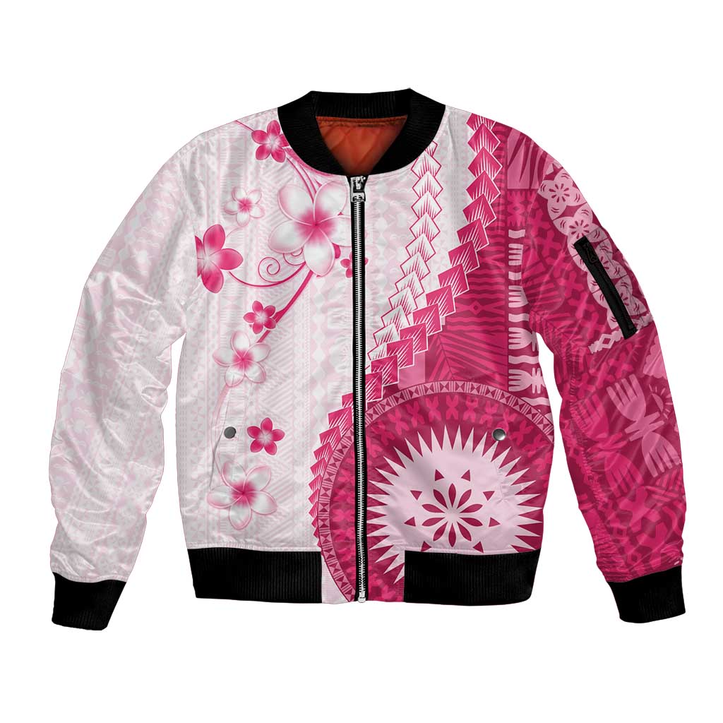 Bula Fiji Sleeve Zip Bomber Jacket Pink Plumeria Masi Tapa Pattern LT05 Unisex Pink - Polynesian Pride
