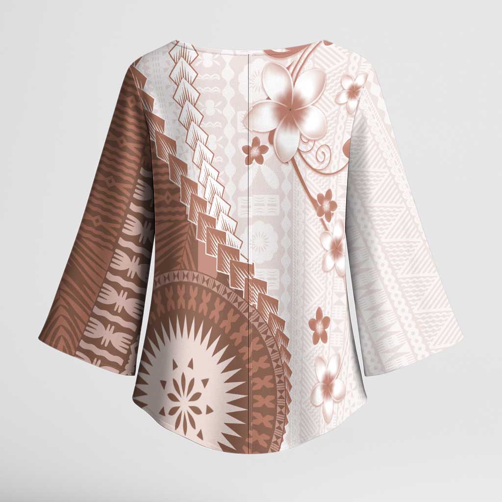 Bula Fiji Kimono Sleeve Blouse Brown Plumeria Masi Tapa Pattern LT05 - Polynesian Pride