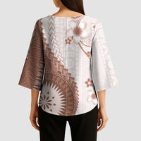 Bula Fiji Kimono Sleeve Blouse Brown Plumeria Masi Tapa Pattern LT05 - Polynesian Pride