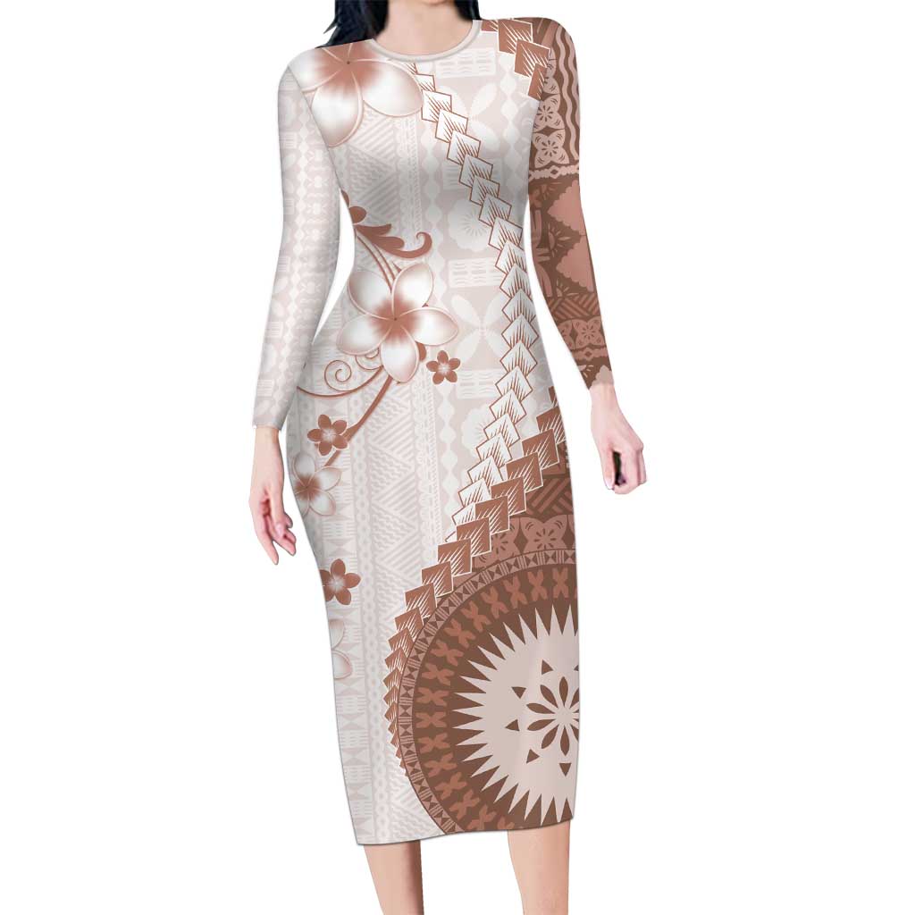 Bula Fiji Long Sleeve Bodycon Dress Brown Plumeria Masi Tapa Pattern LT05 Long Dress Brown - Polynesian Pride