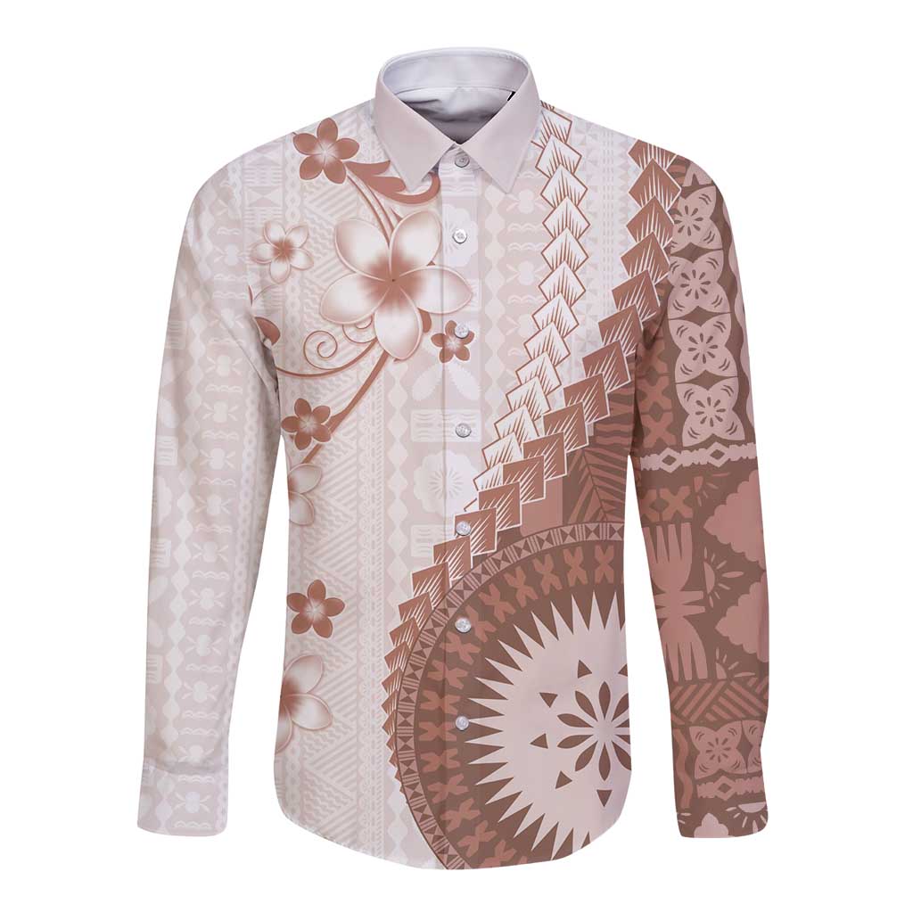 Bula Fiji Long Sleeve Button Shirt Brown Plumeria Masi Tapa Pattern LT05 Unisex Brown - Polynesian Pride