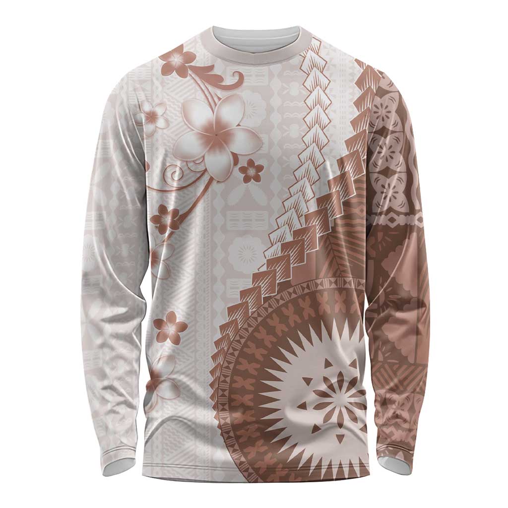 Bula Fiji Long Sleeve Shirt Brown Plumeria Masi Tapa Pattern LT05 Unisex Brown - Polynesian Pride