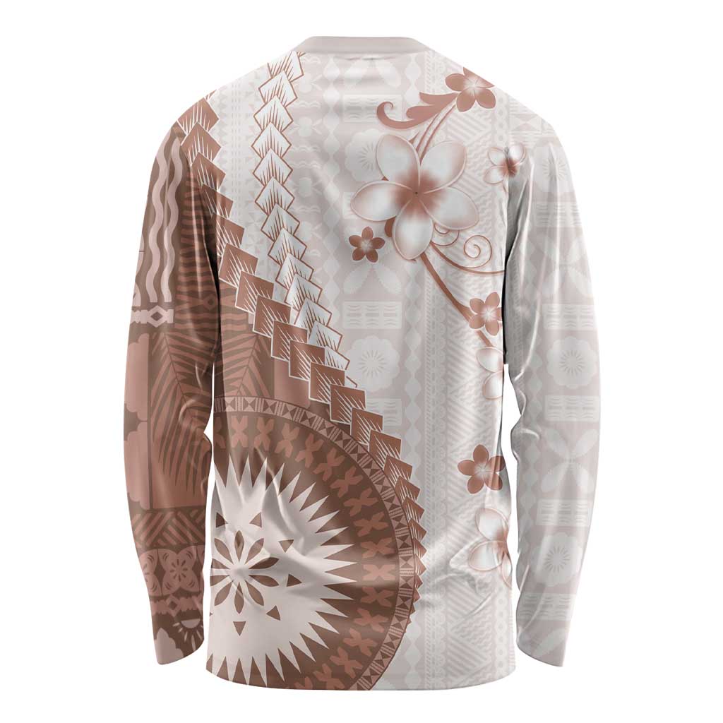Bula Fiji Long Sleeve Shirt Brown Plumeria Masi Tapa Pattern LT05 - Polynesian Pride