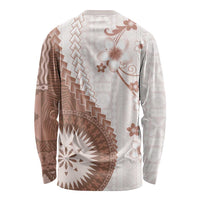 Bula Fiji Long Sleeve Shirt Brown Plumeria Masi Tapa Pattern LT05 - Polynesian Pride