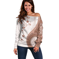 Bula Fiji Off Shoulder Sweater Brown Plumeria Masi Tapa Pattern LT05 Women Brown - Polynesian Pride