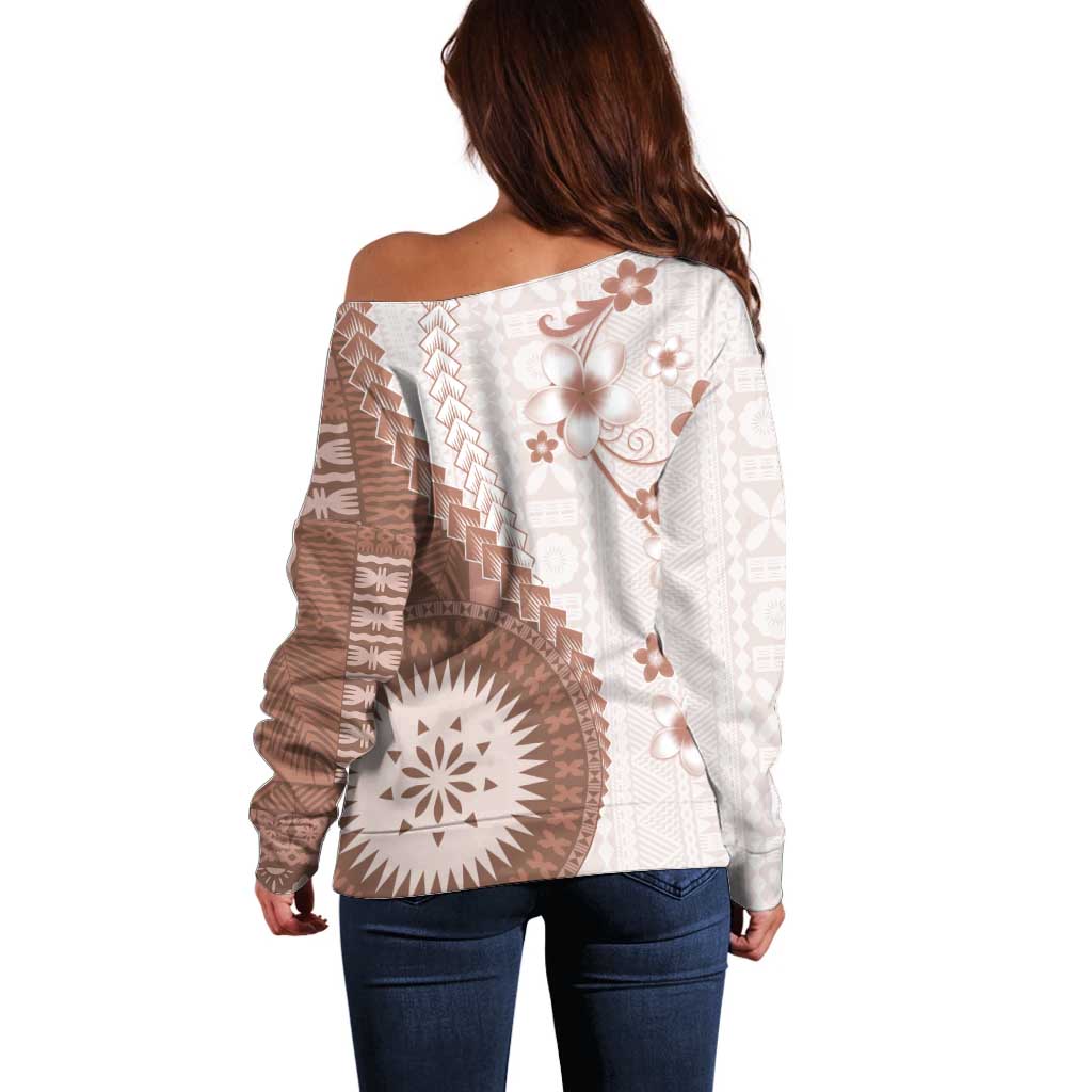 Bula Fiji Off Shoulder Sweater Brown Plumeria Masi Tapa Pattern LT05 - Polynesian Pride