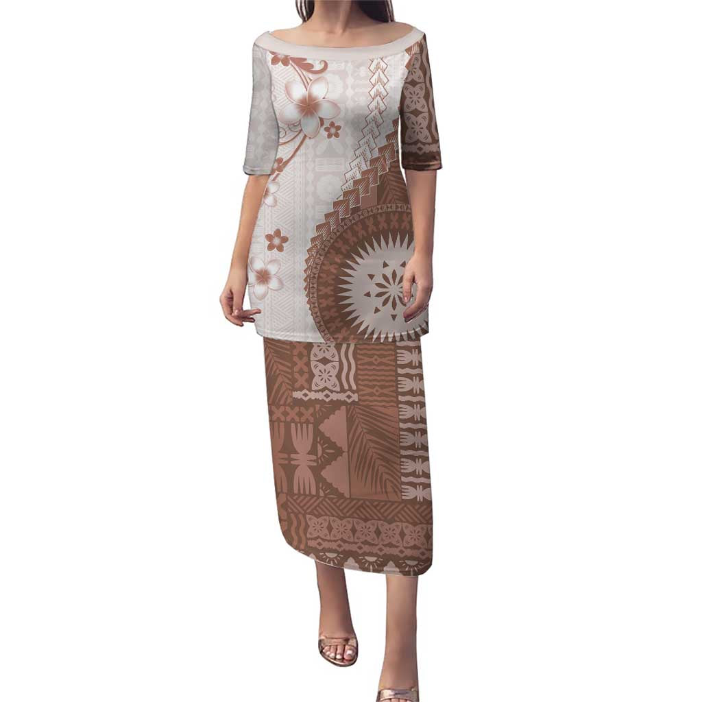 Bula Fiji Puletasi Brown Plumeria Masi Tapa Pattern LT05 Long Dress Brown - Polynesian Pride