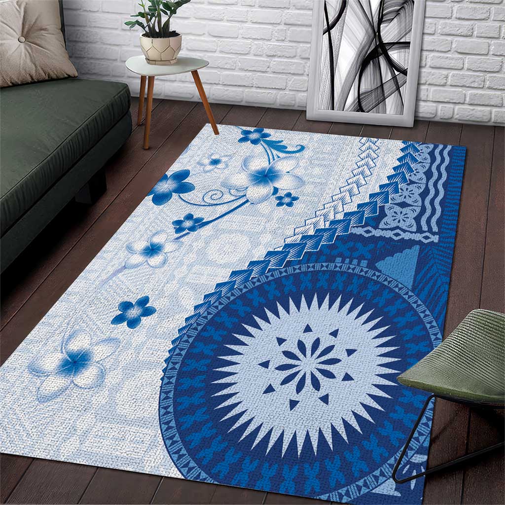 Bula Fiji Area Rug Blue Plumeria Masi Tapa Pattern LT05 Blue - Polynesian Pride