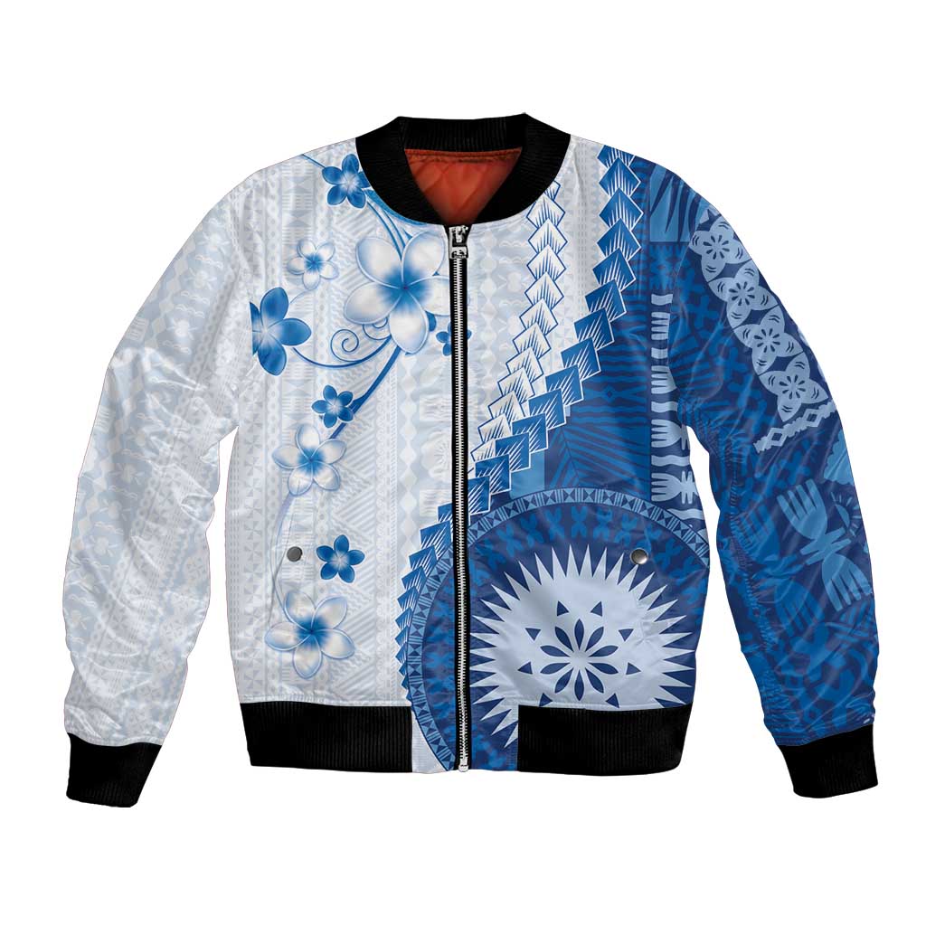 Bula Fiji Bomber Jacket Blue Plumeria Masi Tapa Pattern LT05 Unisex Blue - Polynesian Pride