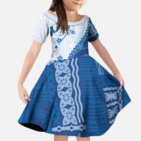 Bula Fiji Kid Short Sleeve Dress Blue Plumeria Masi Tapa Pattern LT05 KID Blue - Polynesian Pride