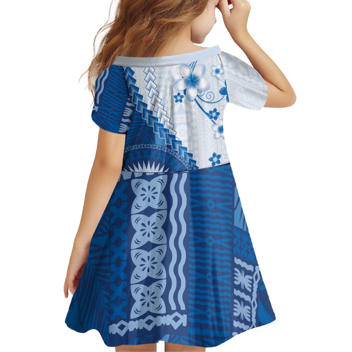 Bula Fiji Kid Short Sleeve Dress Blue Plumeria Masi Tapa Pattern LT05 - Polynesian Pride