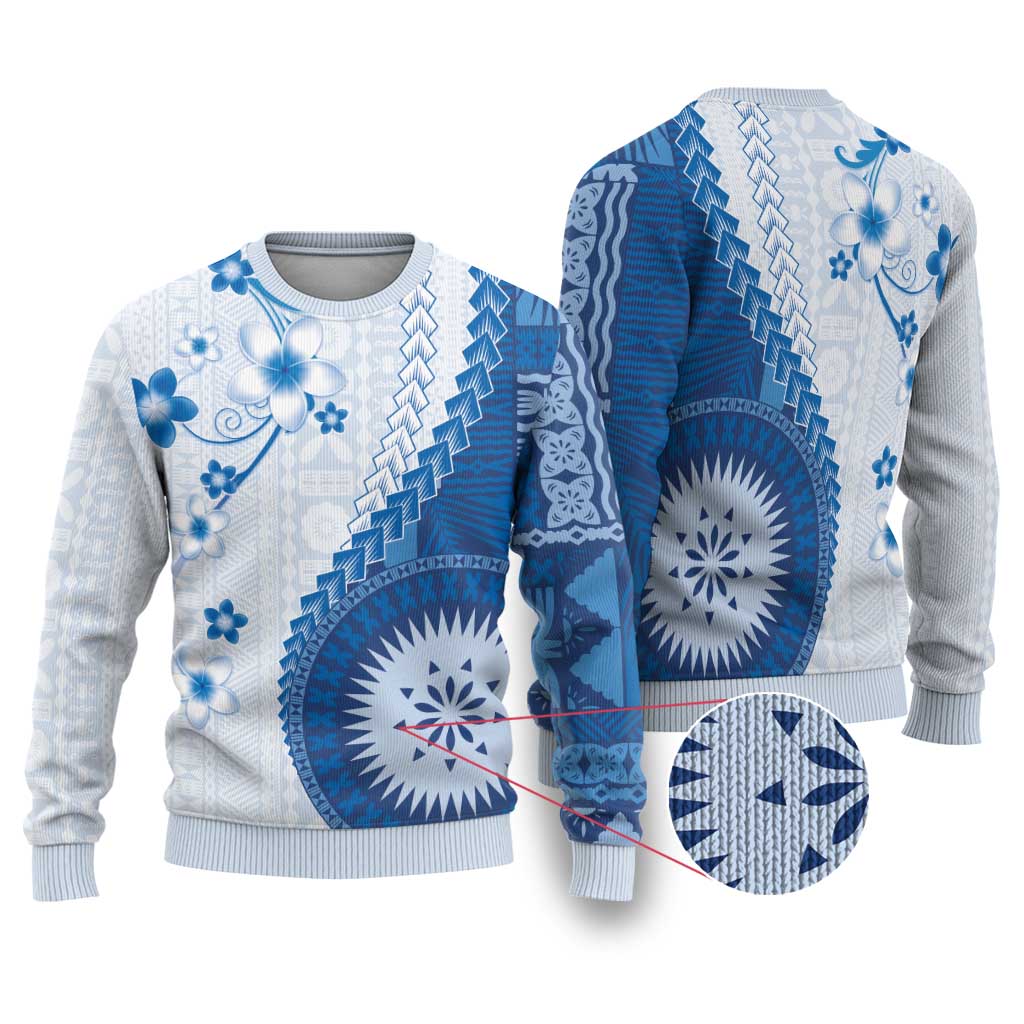 Bula Fiji Ugly Christmas Sweater Blue Plumeria Masi Tapa Pattern LT05 Blue - Polynesian Pride