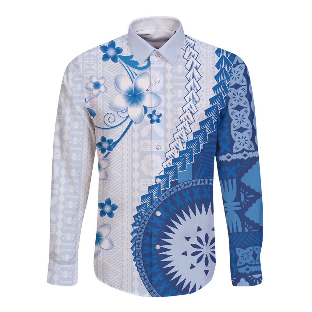Bula Fiji Long Sleeve Button Shirt Blue Plumeria Masi Tapa Pattern LT05 Unisex Blue - Polynesian Pride
