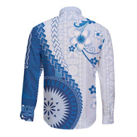 Bula Fiji Long Sleeve Button Shirt Blue Plumeria Masi Tapa Pattern LT05 - Polynesian Pride