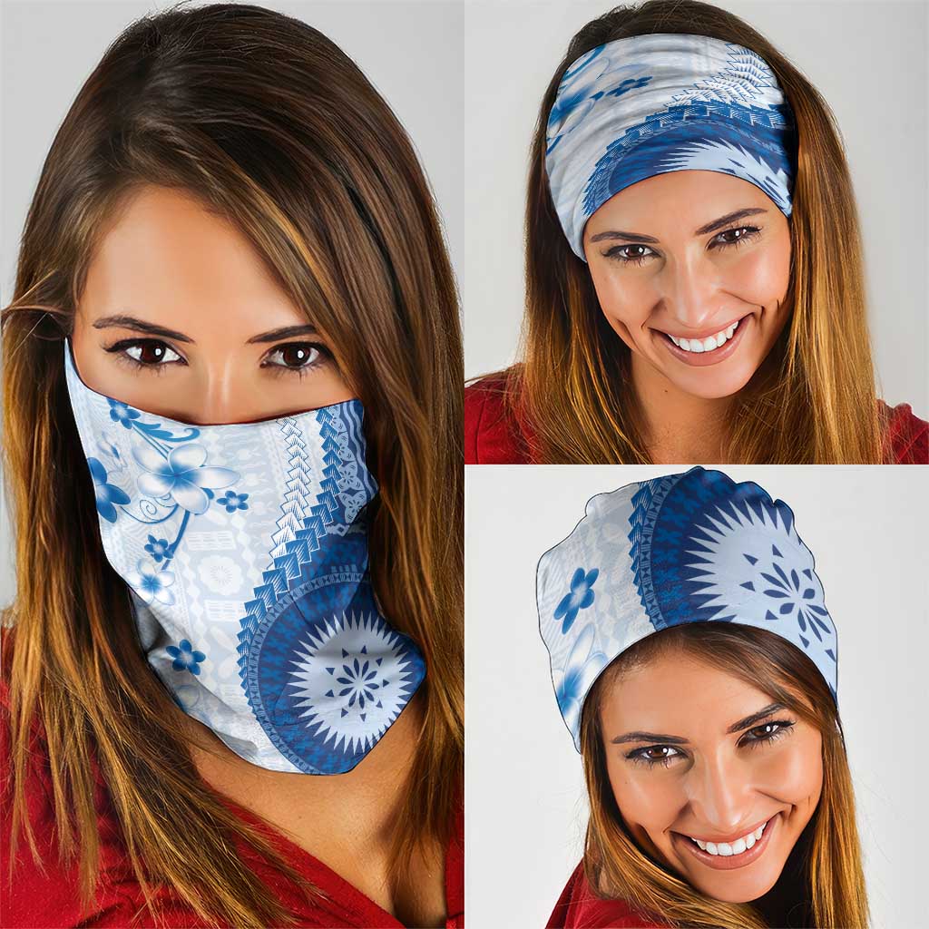 Bula Fiji Neck Gaiter Blue Plumeria Masi Tapa Pattern LT05 - Polynesian Pride