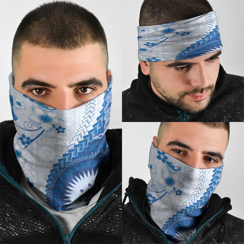 Bula Fiji Neck Gaiter Blue Plumeria Masi Tapa Pattern LT05 - Polynesian Pride