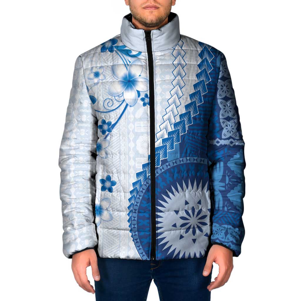 Bula Fiji Padded Jacket Blue Plumeria Masi Tapa Pattern LT05 Men Blue - Polynesian Pride