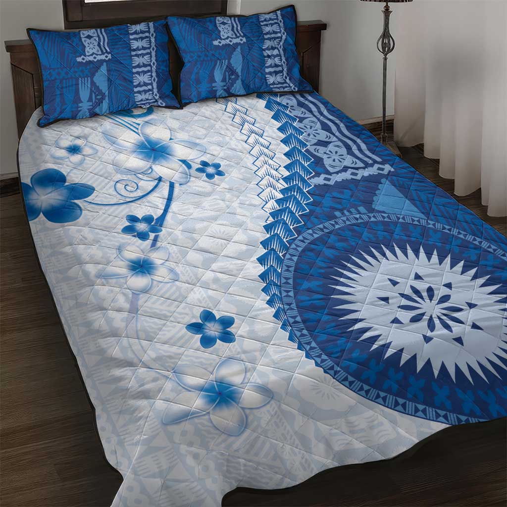 Bula Fiji Quilt Bed Set Blue Plumeria Masi Tapa Pattern LT05 Blue - Polynesian Pride
