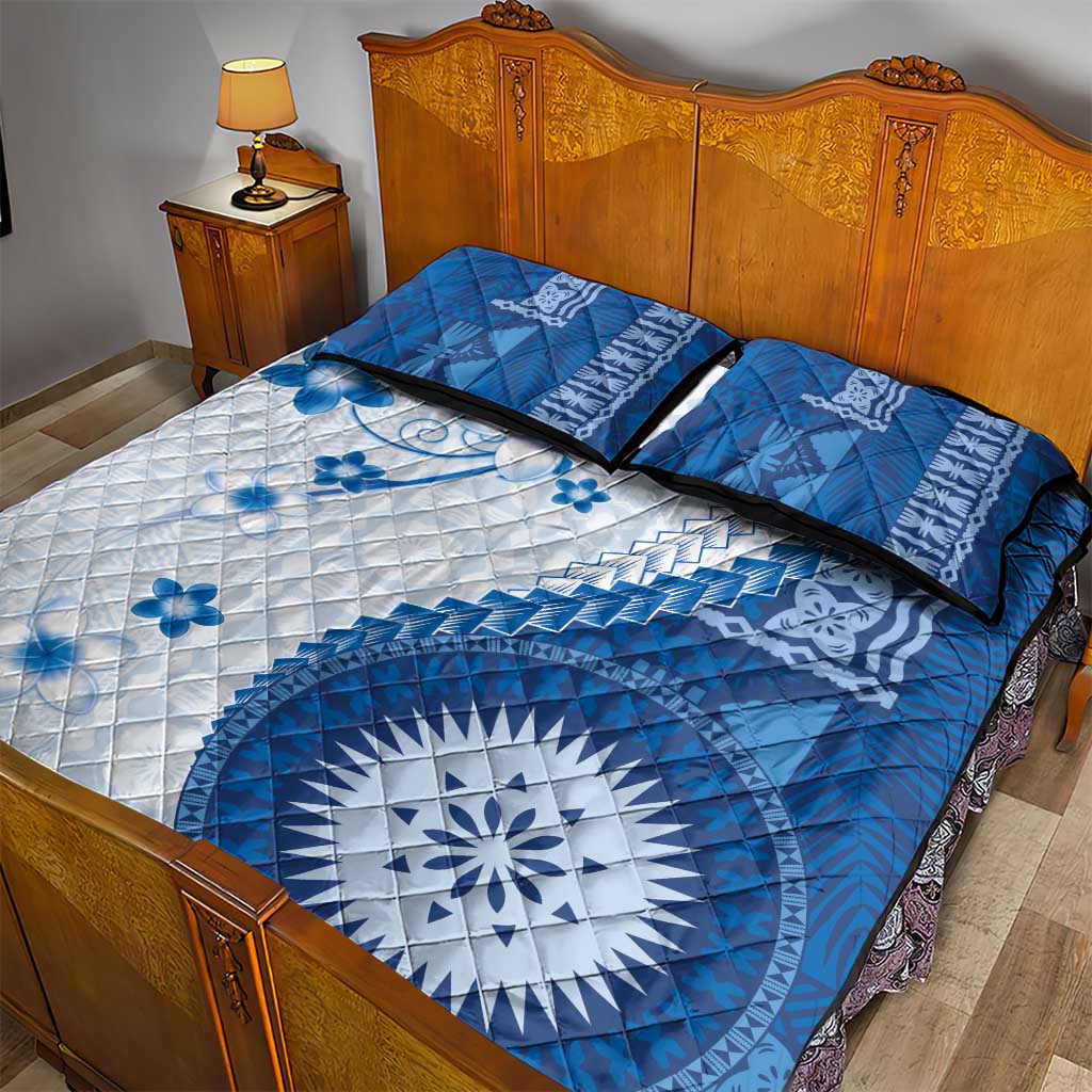 Bula Fiji Quilt Bed Set Blue Plumeria Masi Tapa Pattern LT05 - Polynesian Pride