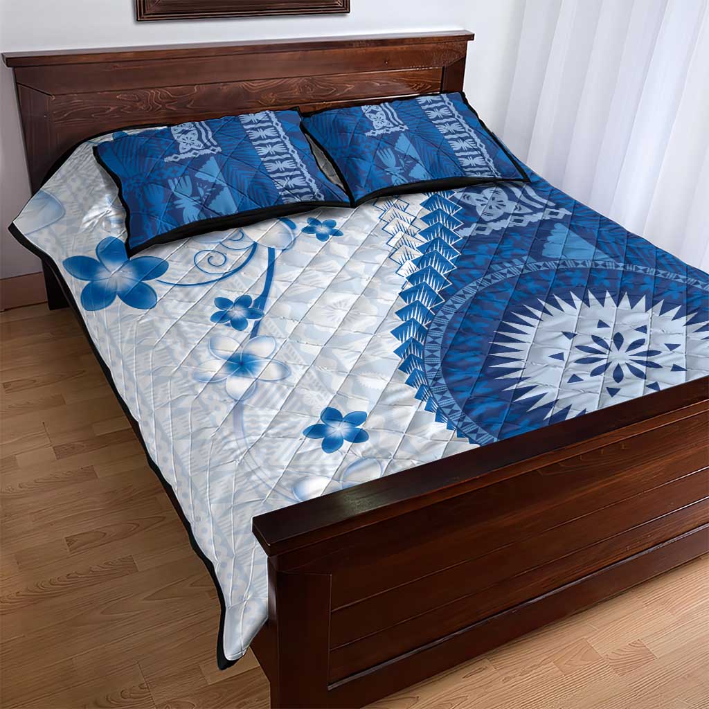 Bula Fiji Quilt Bed Set Blue Plumeria Masi Tapa Pattern LT05 - Polynesian Pride