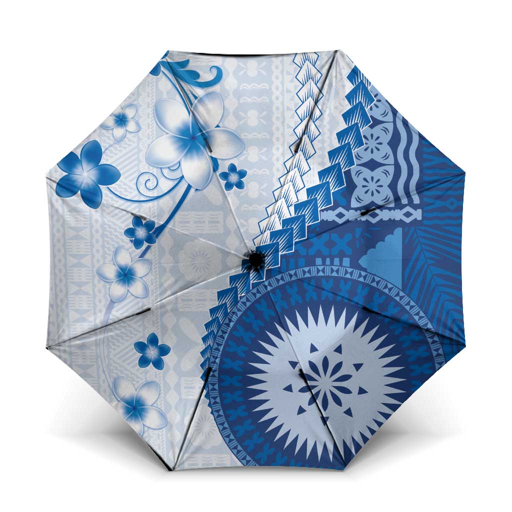 Bula Fiji Umbrella Blue Plumeria Masi Tapa Pattern LT05 One Size Folded 11.42 inch Opened Diameter 37.4 inch Blue - Polynesian Pride