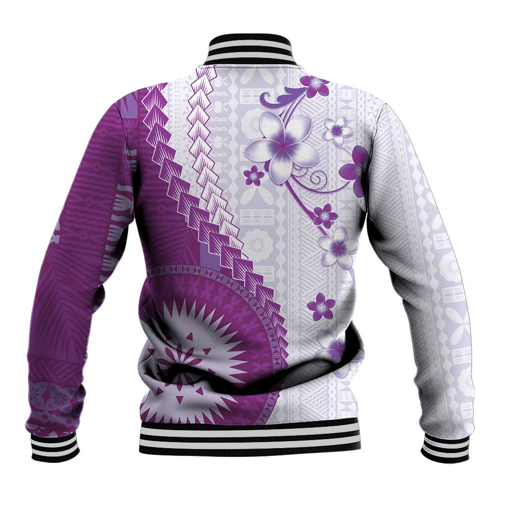 Bula Fiji Baseball Jacket Violet Plumeria Masi Tapa Pattern LT05 - Polynesian Pride