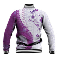 Bula Fiji Baseball Jacket Violet Plumeria Masi Tapa Pattern LT05 - Polynesian Pride