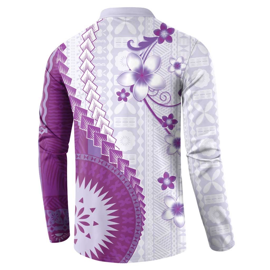 Bula Fiji Button Sweatshirt Violet Plumeria Masi Tapa Pattern LT05 - Polynesian Pride