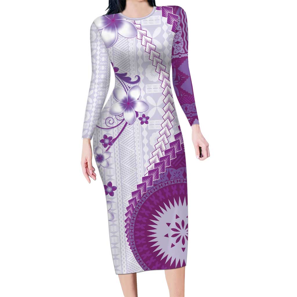 Bula Fiji Long Sleeve Bodycon Dress Violet Plumeria Masi Tapa Pattern LT05 Long Dress Violet - Polynesian Pride