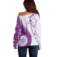 Bula Fiji Off Shoulder Sweater Violet Plumeria Masi Tapa Pattern LT05 - Polynesian Pride