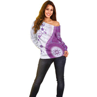 Bula Fiji Off Shoulder Sweater Violet Plumeria Masi Tapa Pattern LT05 - Polynesian Pride