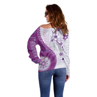Bula Fiji Off Shoulder Sweater Violet Plumeria Masi Tapa Pattern LT05 - Polynesian Pride