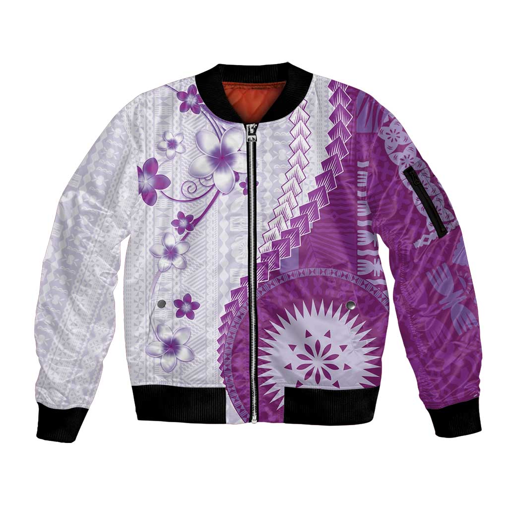 Bula Fiji Sleeve Zip Bomber Jacket Violet Plumeria Masi Tapa Pattern LT05 Unisex Violet - Polynesian Pride