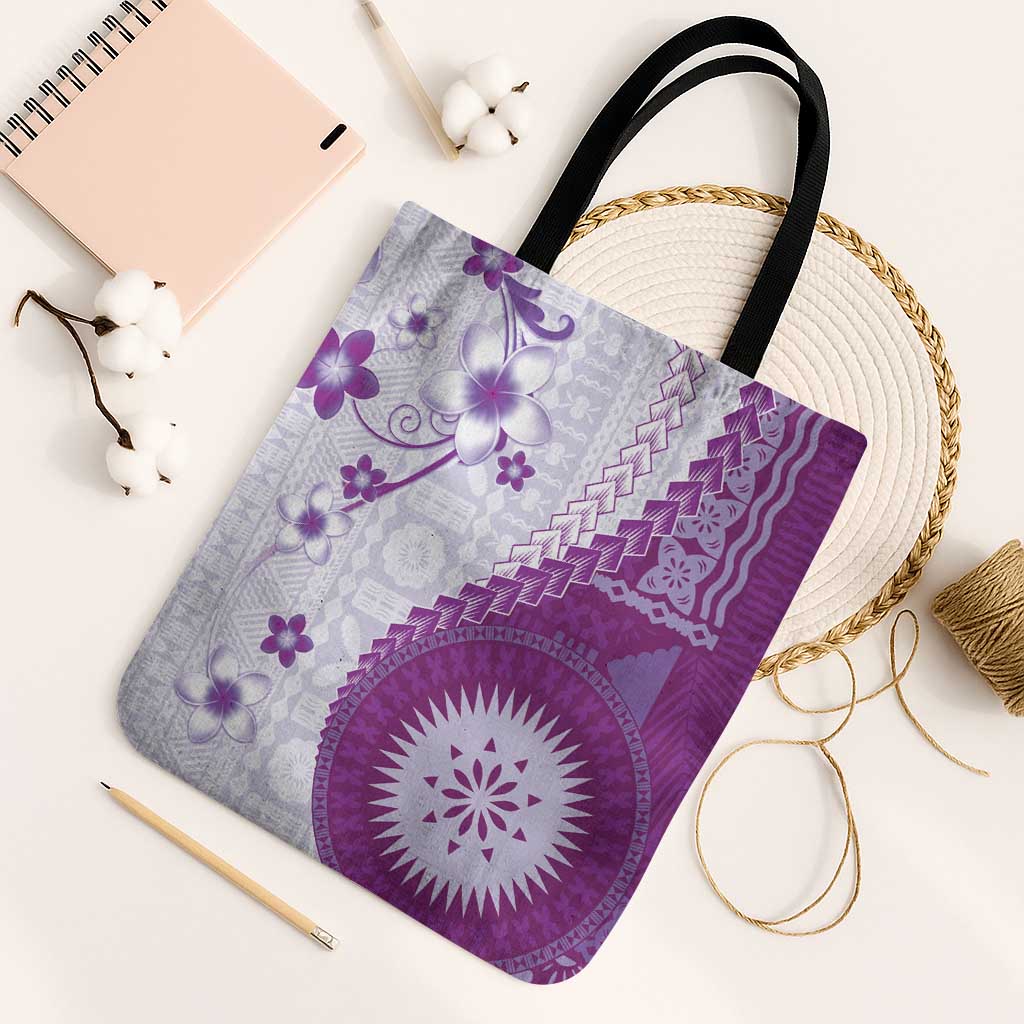 Bula Fiji Tote Bag Violet Plumeria Masi Tapa Pattern LT05 Black Strap One Size Violet - Polynesian Pride