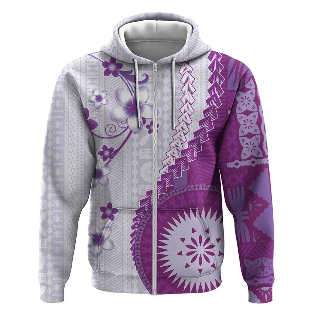 Bula Fiji Zip Hoodie Violet Plumeria Masi Tapa Pattern LT05 Zip Hoodie Violet - Polynesian Pride